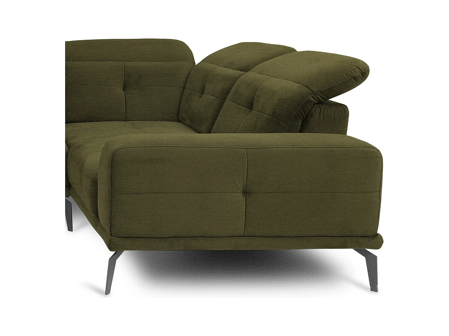 Panoramische designbank in olijfgroene stof rechte hoek hoofdsteunen met armleuning Stan 350 cm