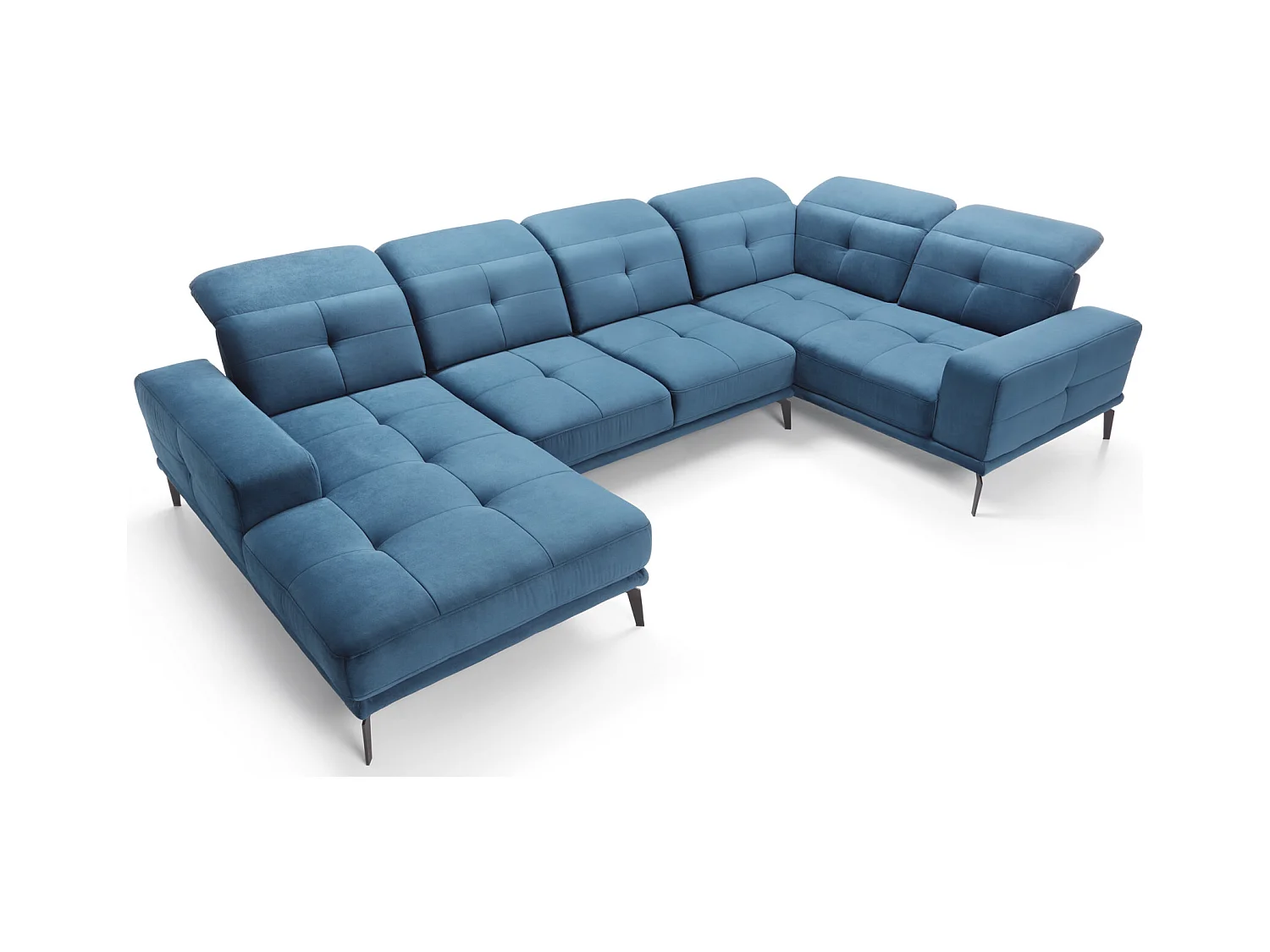 Panoramische designbank in olijfgroene stof rechte hoek hoofdsteunen met armleuning Stan 350 cm