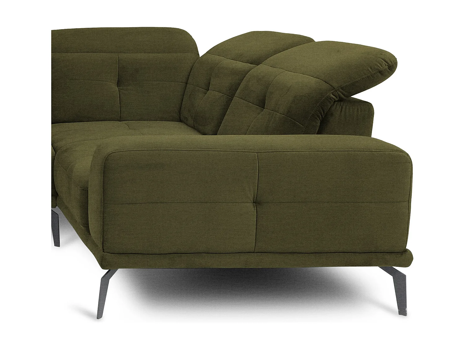 Canapé panoramique design tissu vert olive têtières angle droit avec accoudoir Stan 350cm