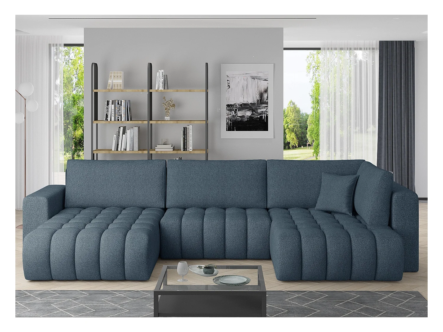 Canapé panoramique convertible design capitonné tissu bleu d'hiver chiné méridienne gauche Boston 350cm