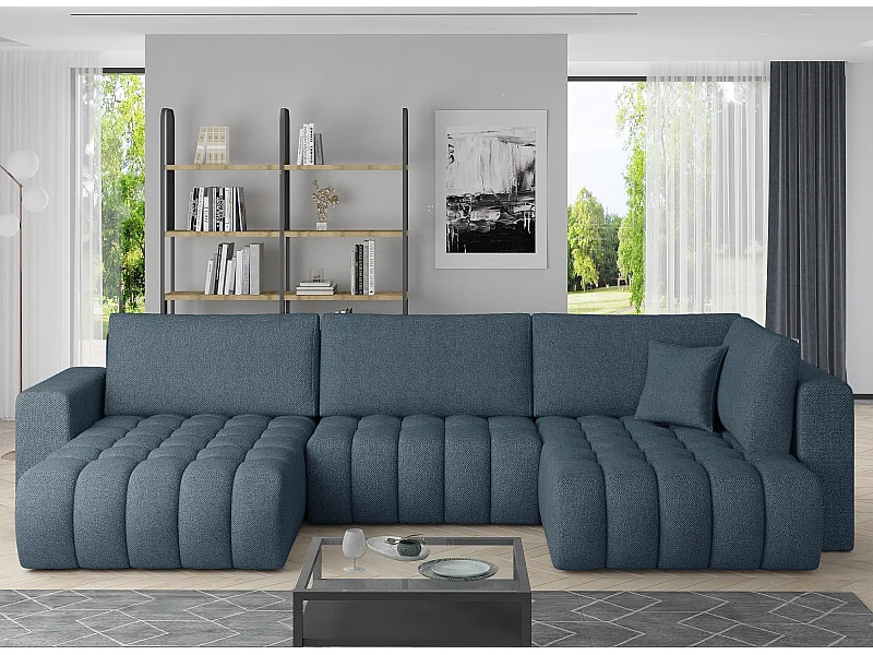 Panoramische converteerbare designbank bekleed met gevlekte winterblauwe stof, linker chaise longue Boston 350 cm