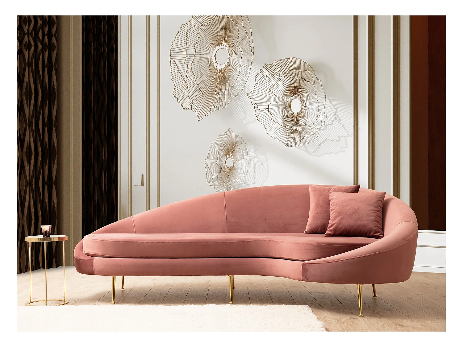 Canapé 3 places tissu rose arrondi coté droit Tazany 255cm