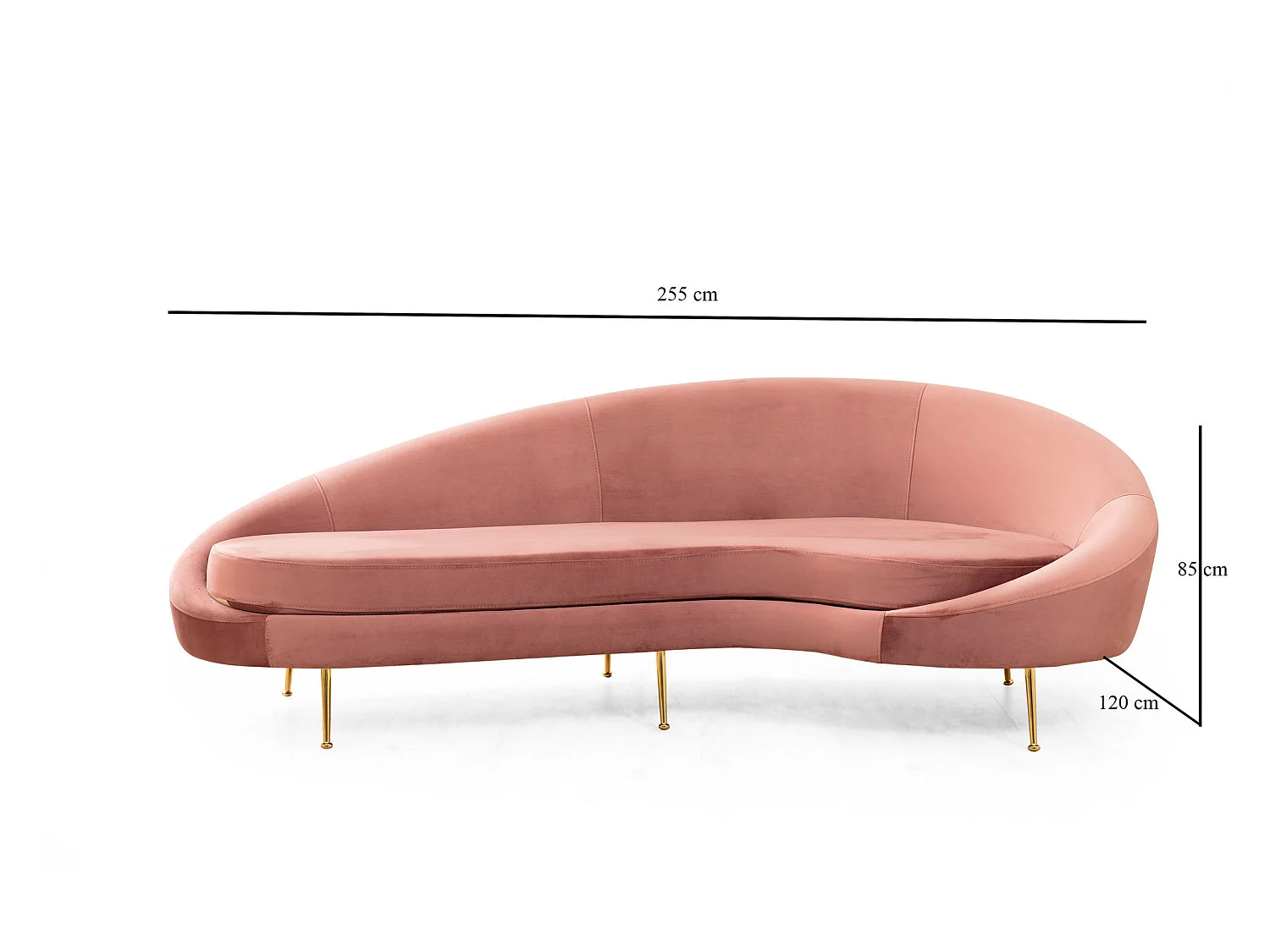 Canapé 3 places tissu rose arrondi coté droit Tazany 255cm