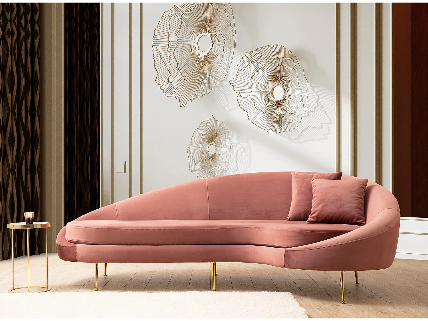 Canapé 3 places tissu rose arrondi coté droit Tazany 255cm