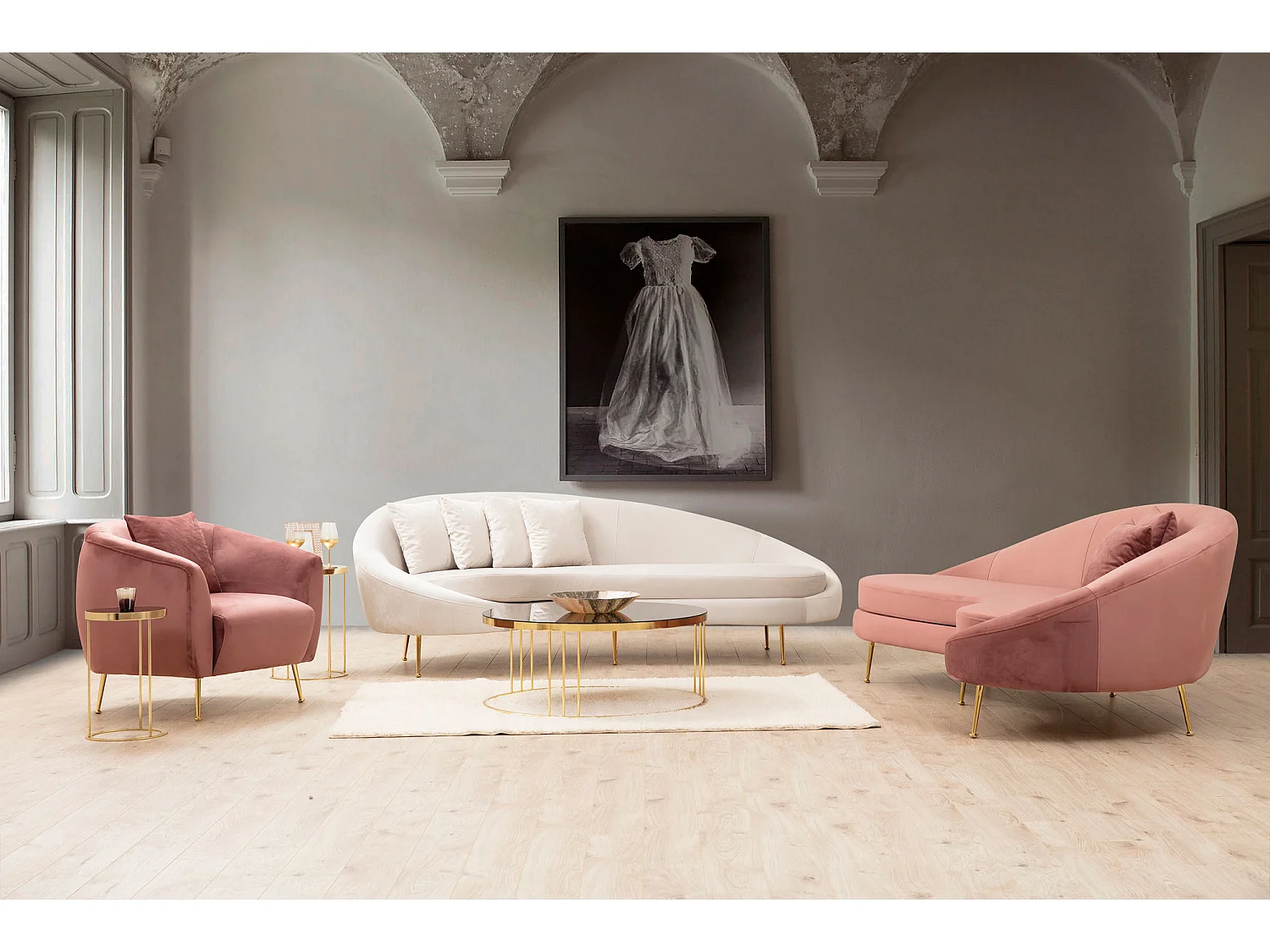 Canapé 3 places tissu rose arrondi coté droit Tazany 255cm