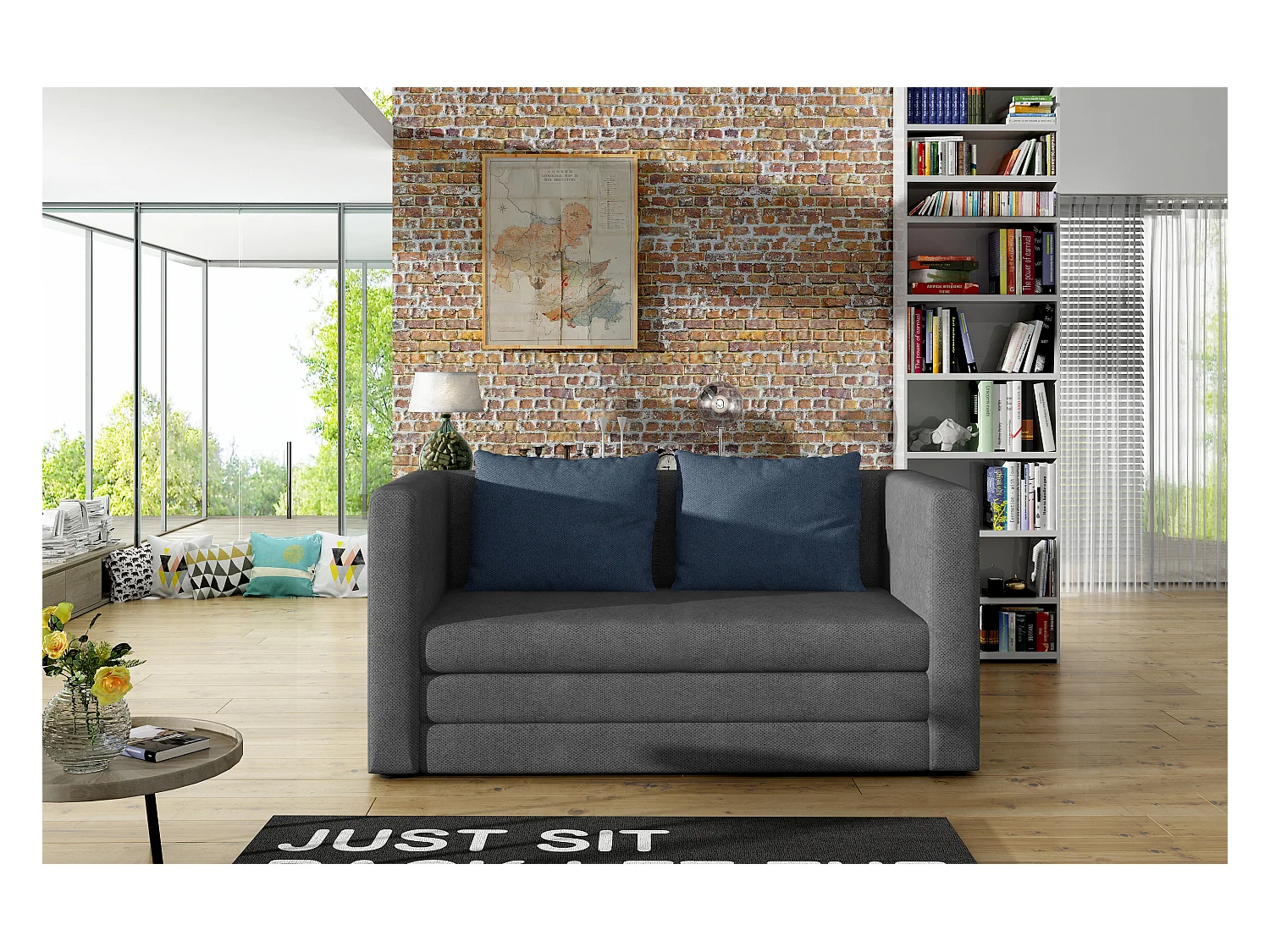 Petit canapé convertible tissu gris foncé Mouva 132cm
