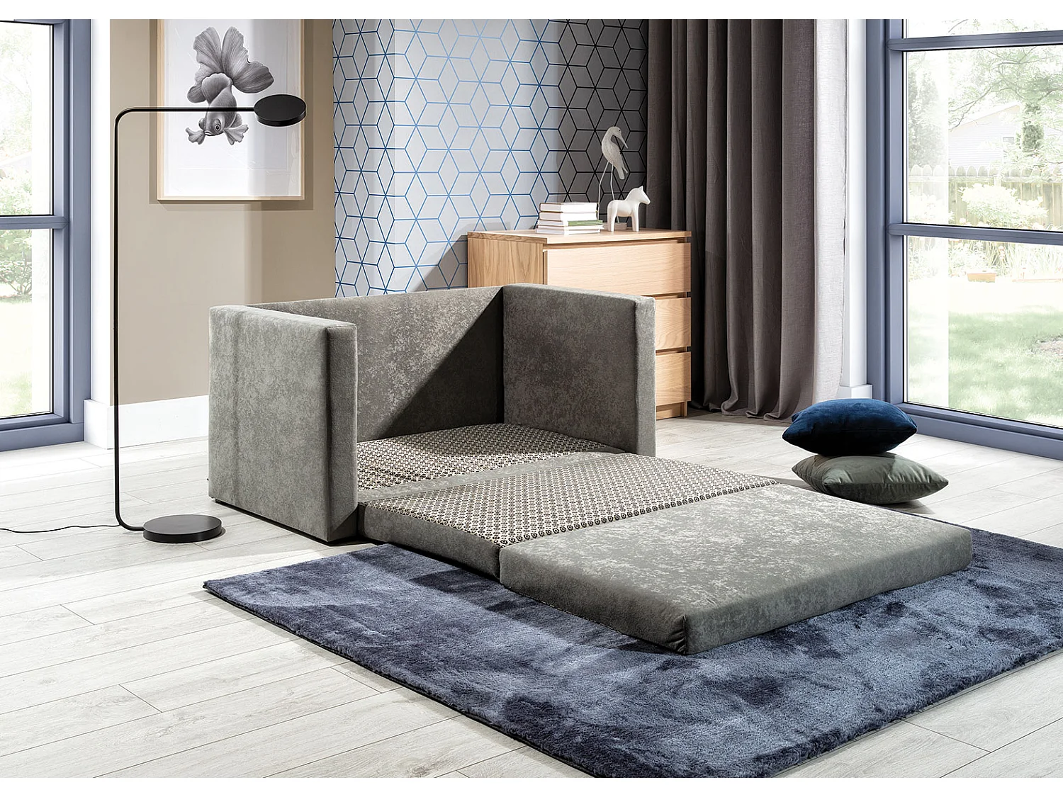 Petit canapé convertible tissu gris foncé Mouva 132cm