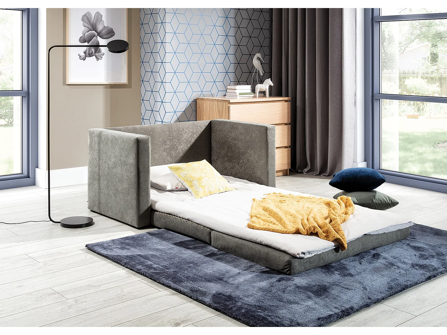 Petit canapé convertible tissu gris foncé Mouva 132cm