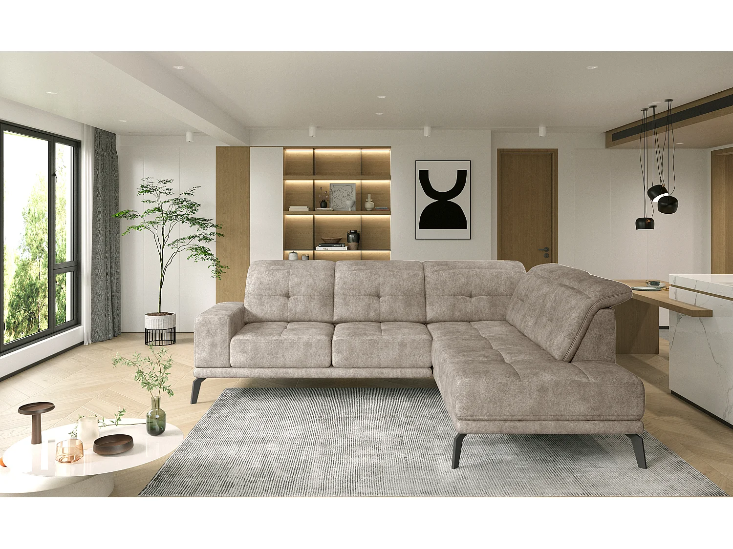 Canapé d'angle droit vintage matelassé tissu vintage effet cuir beige et pied noir Kazane 275cm