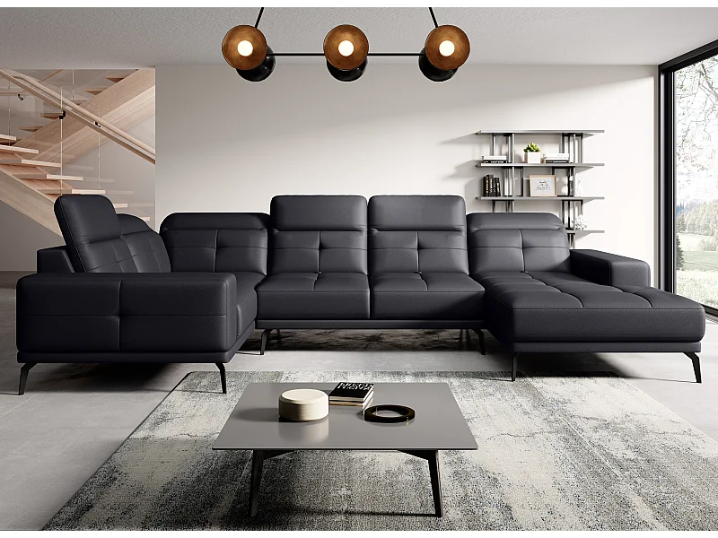 Canapé panoramique design simili cuir noir têtières angle gauche avec accoudoir Stan 350cm