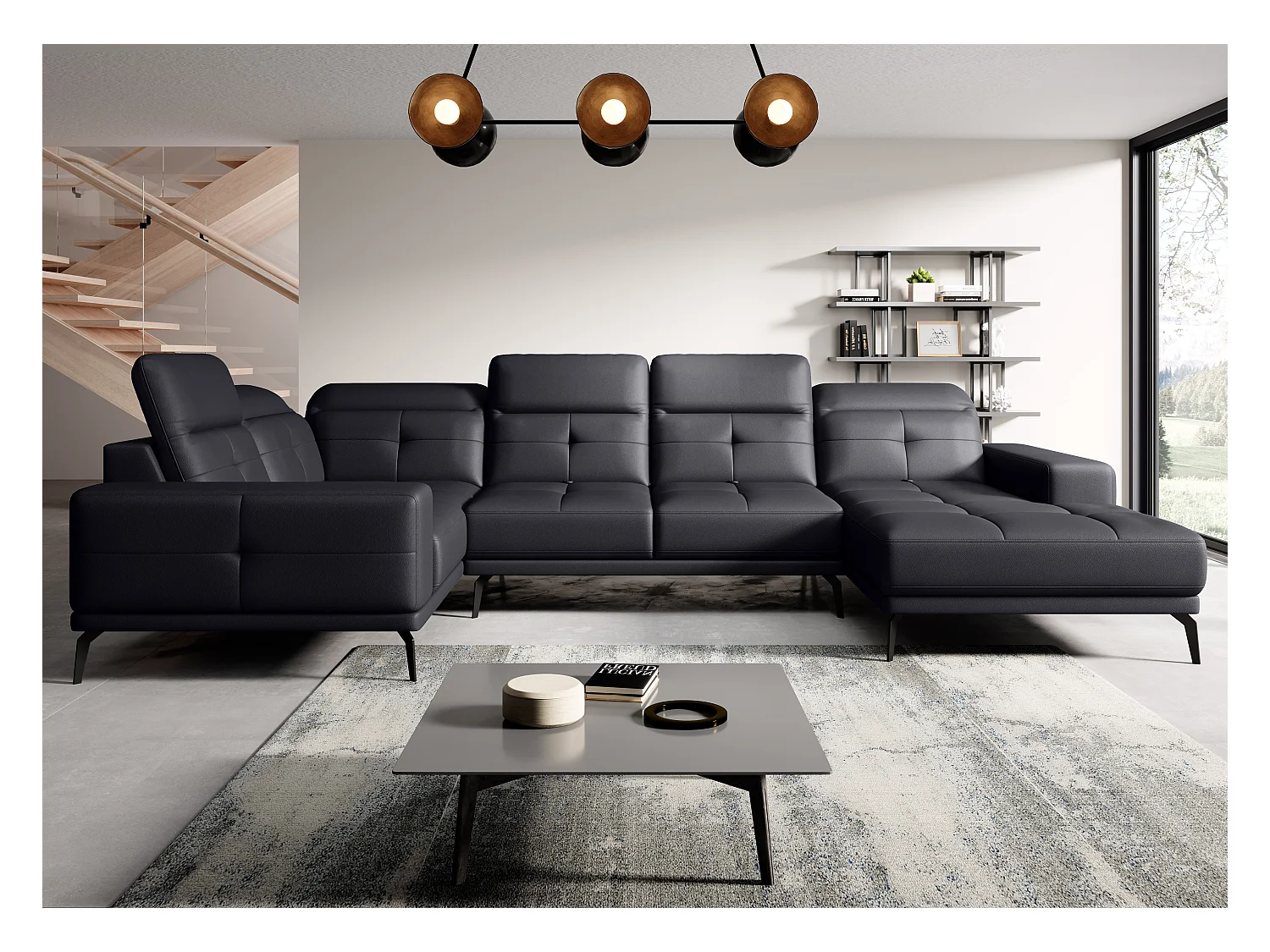 Canapé panoramique design simili cuir noir têtières angle gauche avec accoudoir Stan 350cm