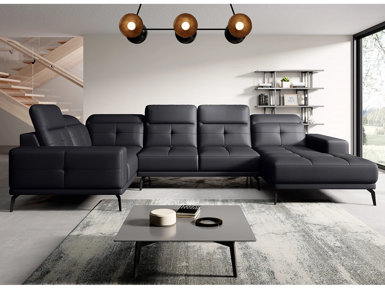 Design panoramische bank zwart imitatieleer linkerhoek hoofdsteunen met Stan armleuning 350 cm