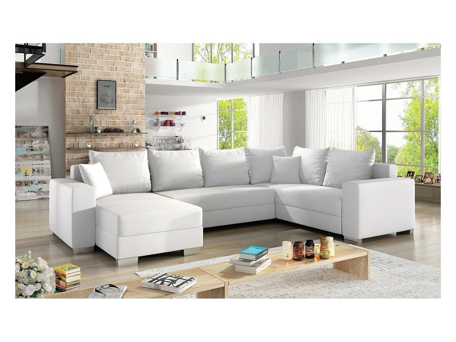 U slaapbank wit kunstleer opbergdoos links Marry 321 cm