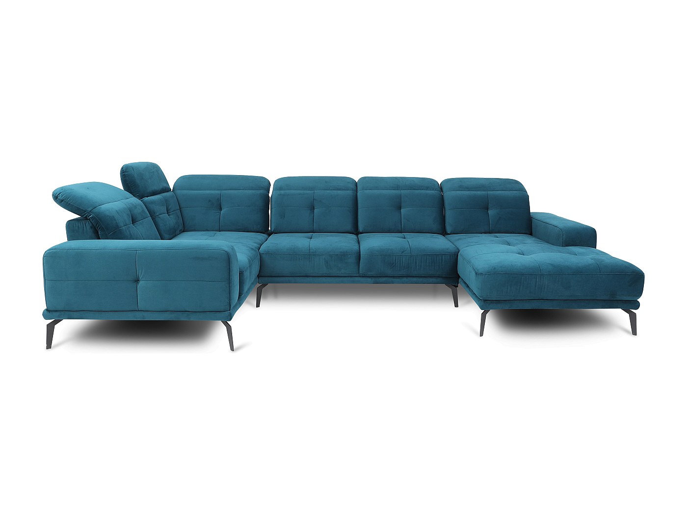 Canapé panoramique design tissu bleu canard têtières angle gauche avec ...