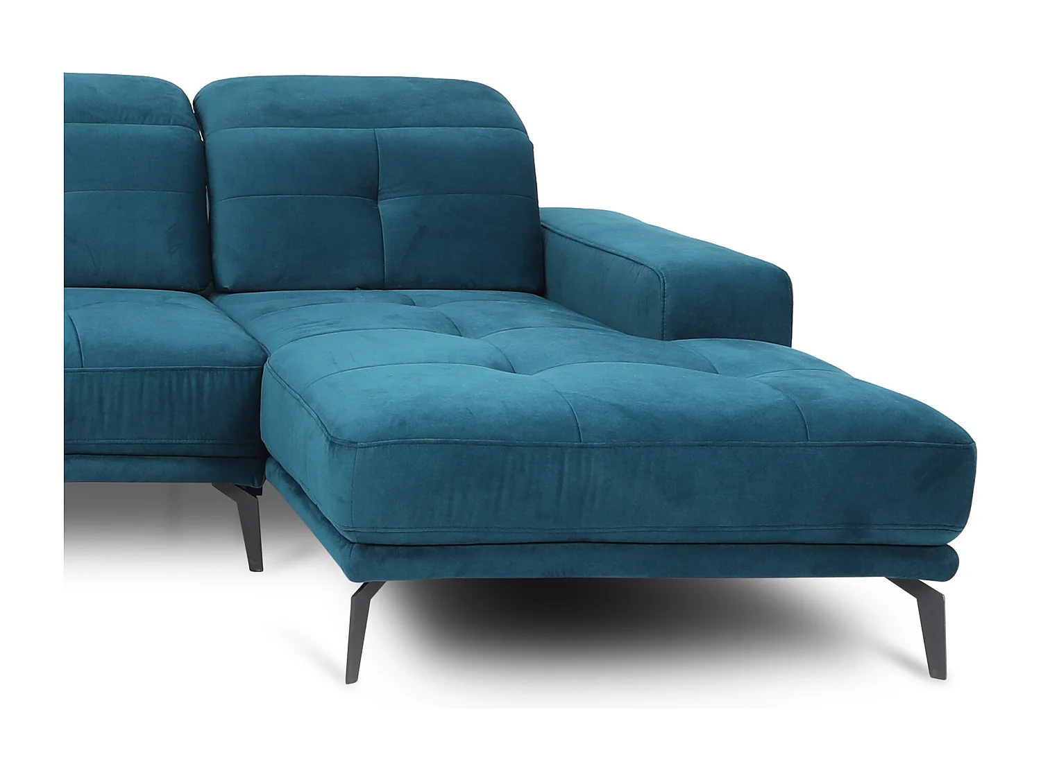 Canapé panoramique design tissu bleu canard têtières angle gauche avec accoudoir Stan 350cm