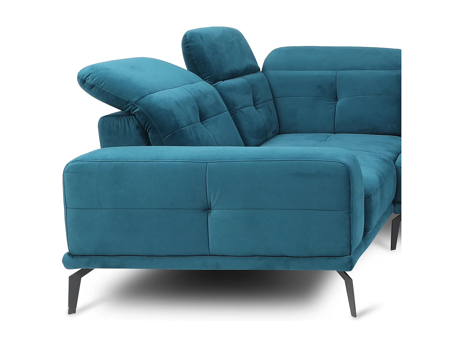 Canapé panoramique design tissu bleu canard têtières angle gauche avec accoudoir Stan 350cm