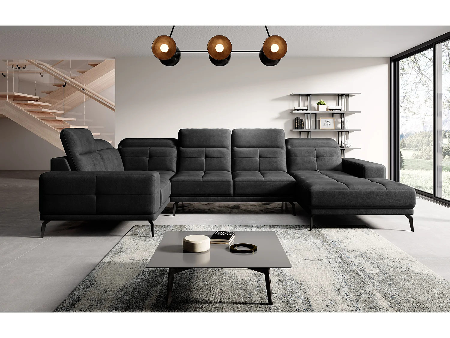 Design panoramische bank in zachte zwarte stof, hoekhoofdsteunen links met Stan armleuning 350 cm