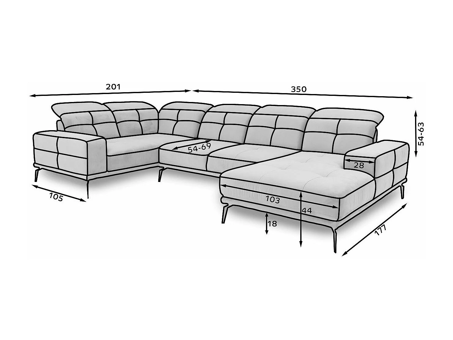 Design panoramische bank in zachte zwarte stof, hoekhoofdsteunen links met Stan armleuning 350 cm