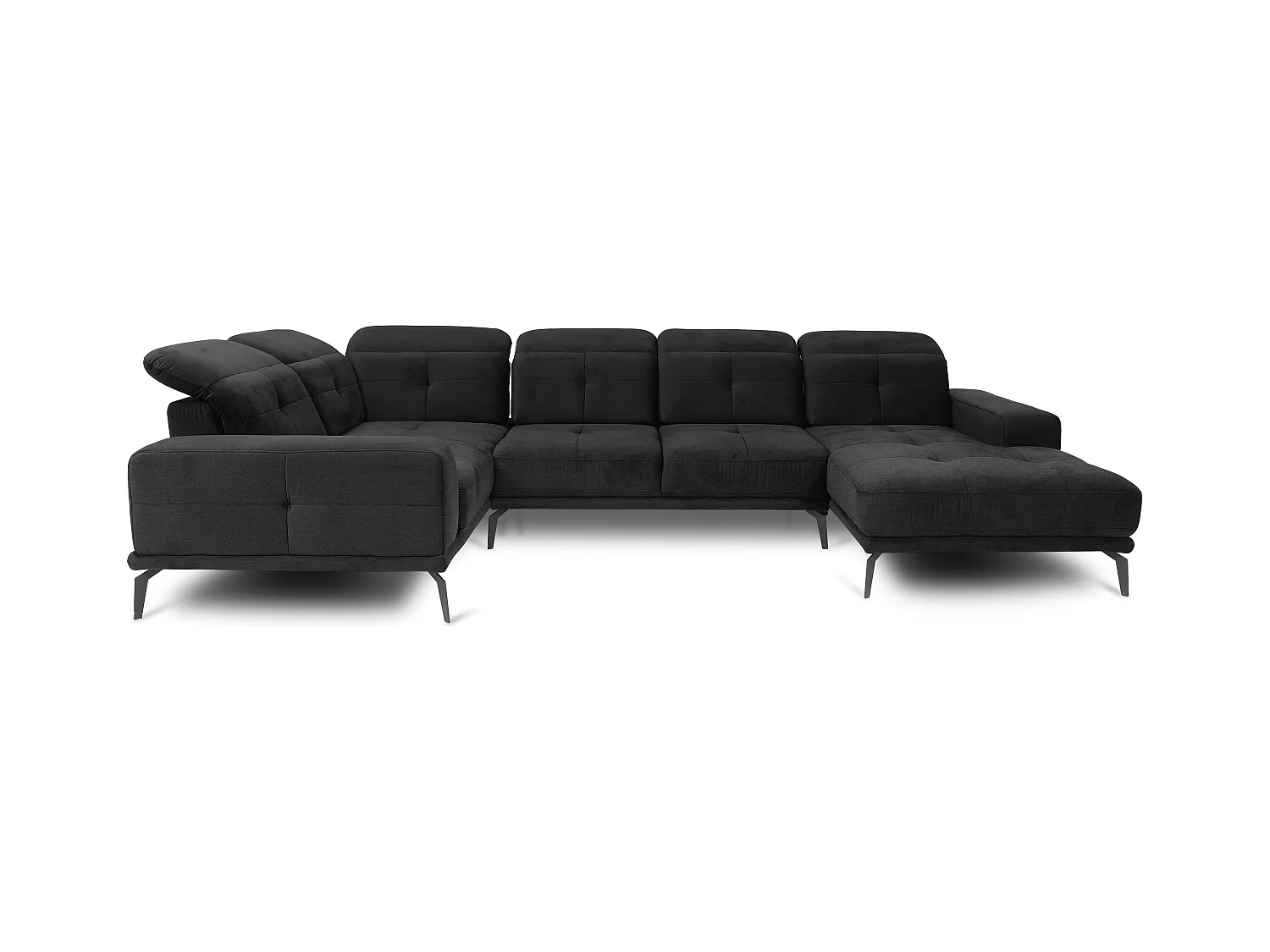 Canapé panoramique design tissu doux noir têtières angle gauche avec accoudoir Stan 350cm