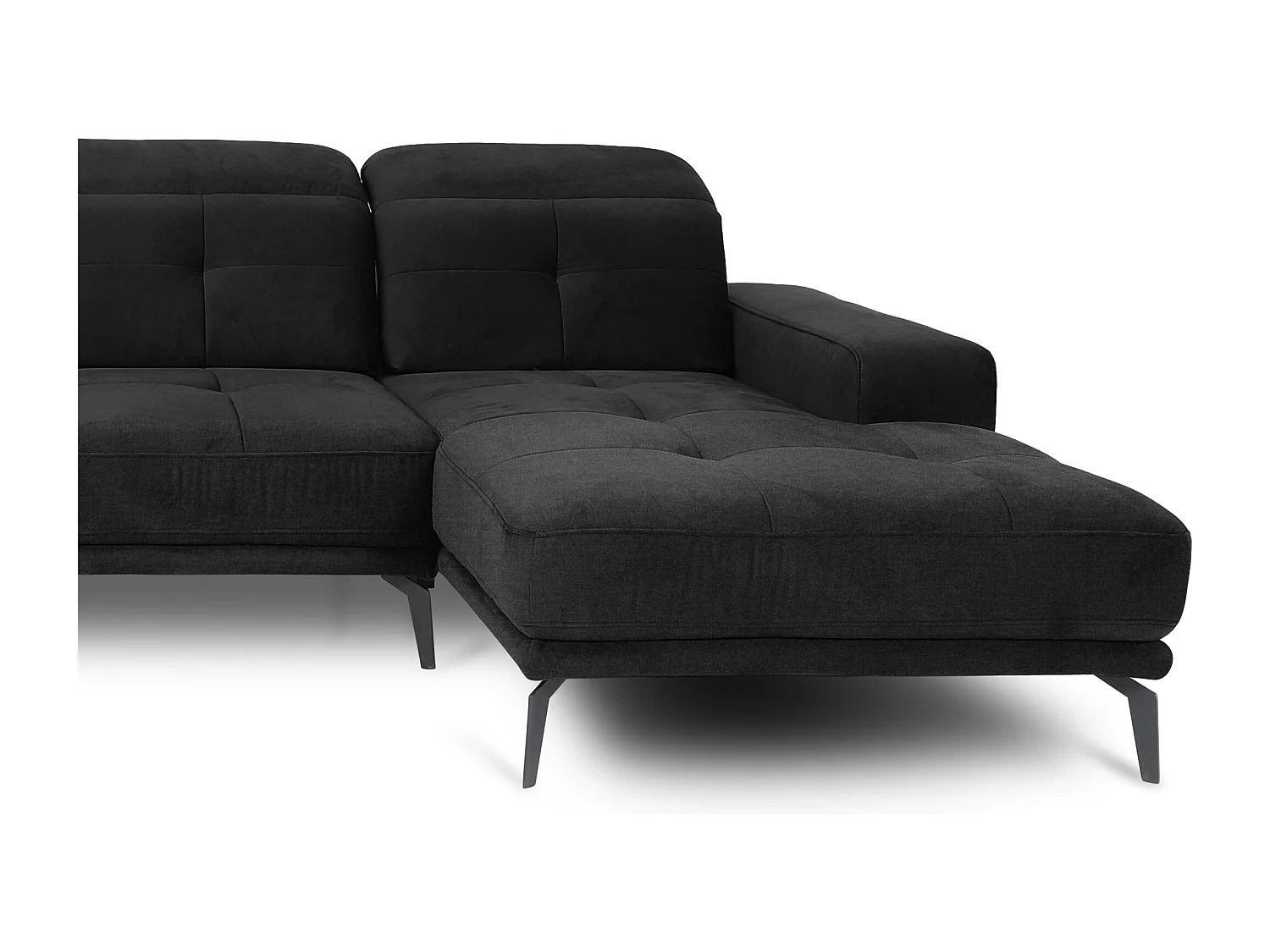 Canapé panoramique design tissu doux noir têtières angle gauche avec accoudoir Stan 350cm