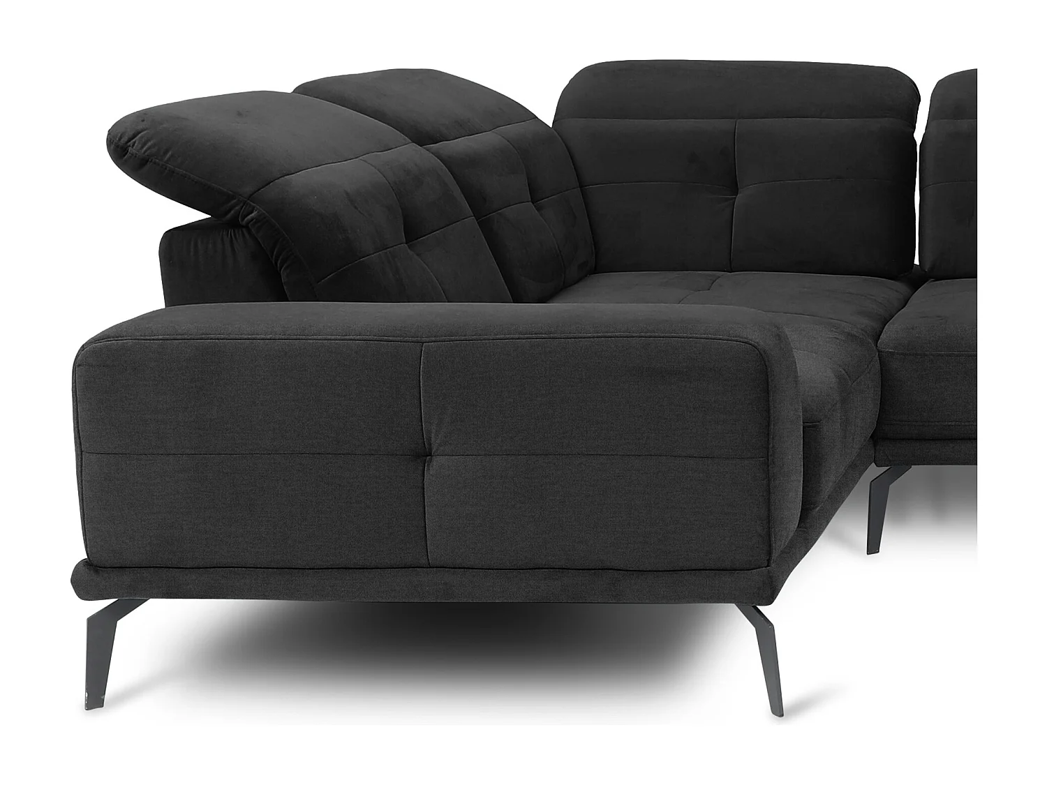 Canapé panoramique design tissu doux noir têtières angle gauche avec accoudoir Stan 350cm