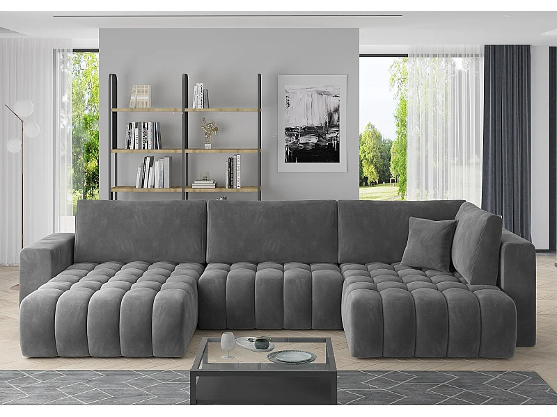 Canapé panoramique convertible design capitonné velours gris foncé méridienne gauche Boston 350cm