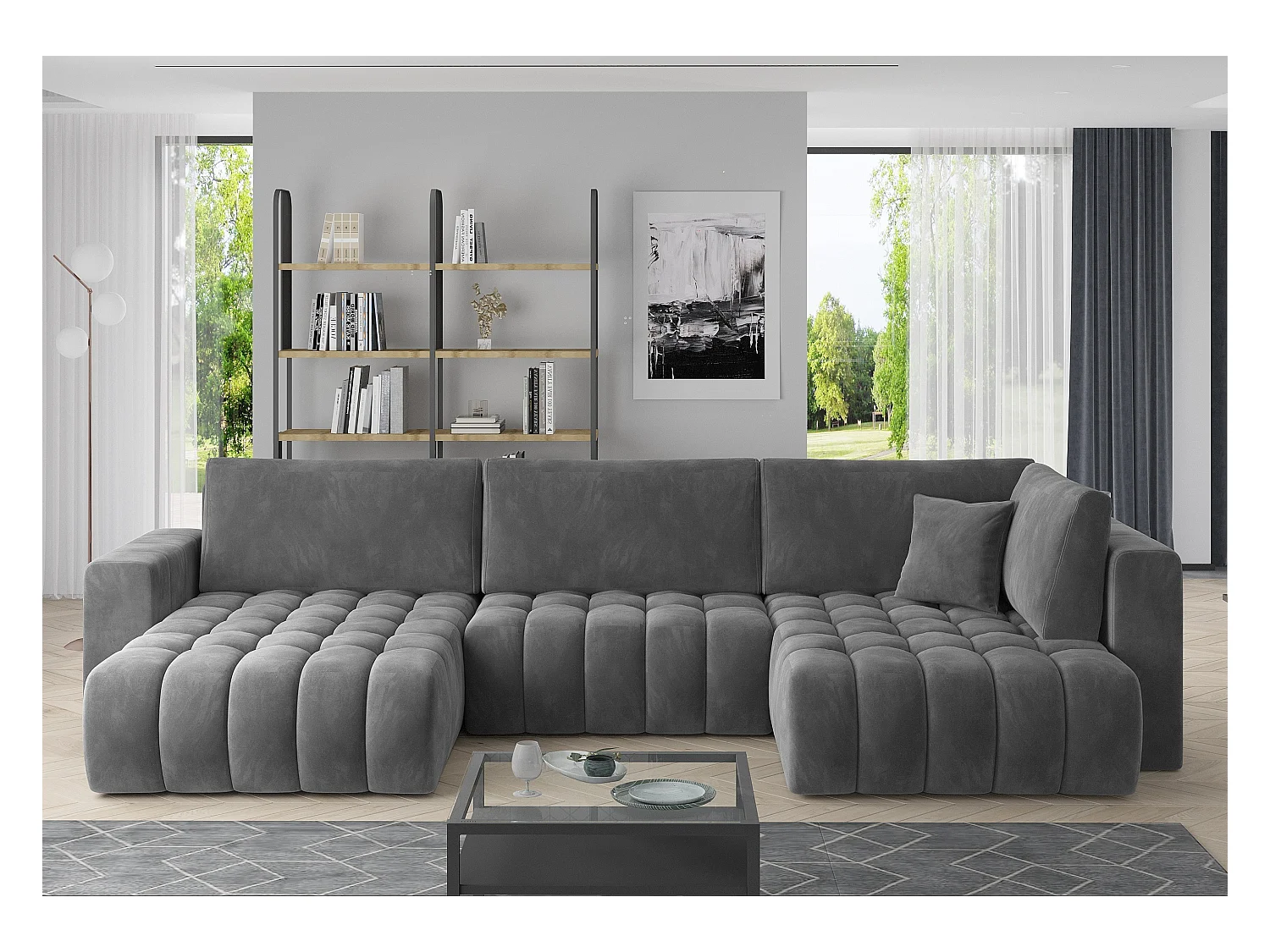 Canapé panoramique convertible design capitonné velours gris foncé méridienne gauche Boston 350cm
