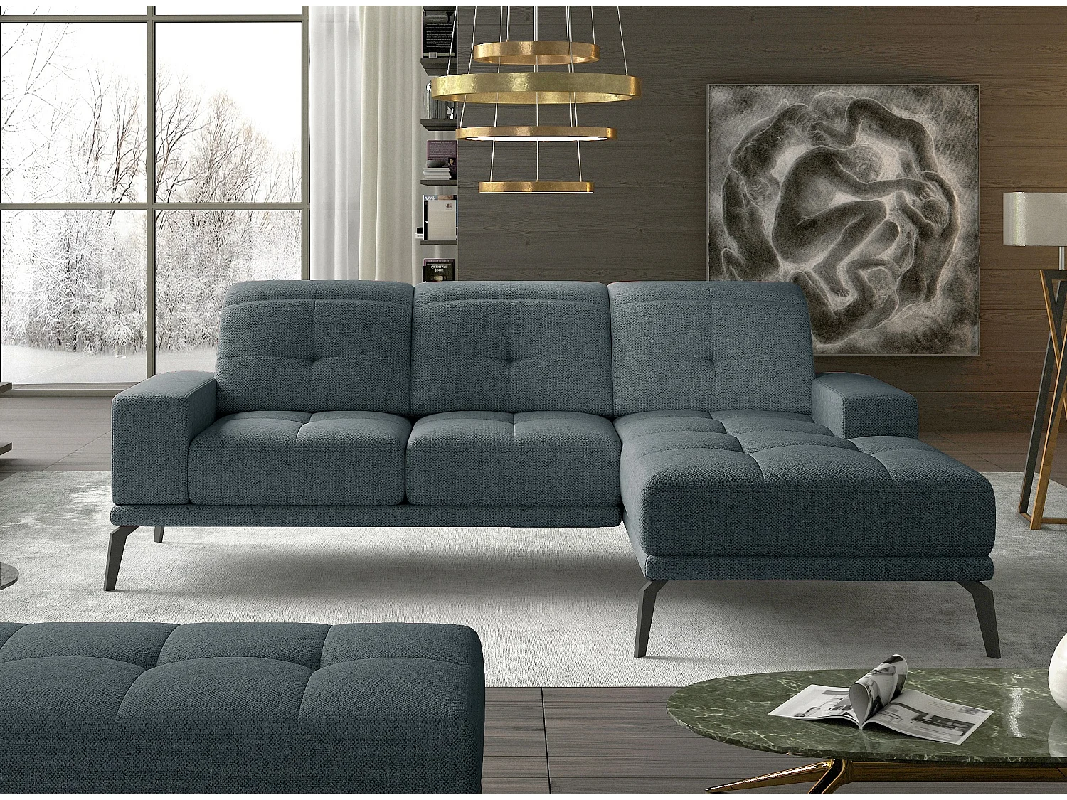 Canapé d'angle droit 5 places tissu bleu Torpille 265cm