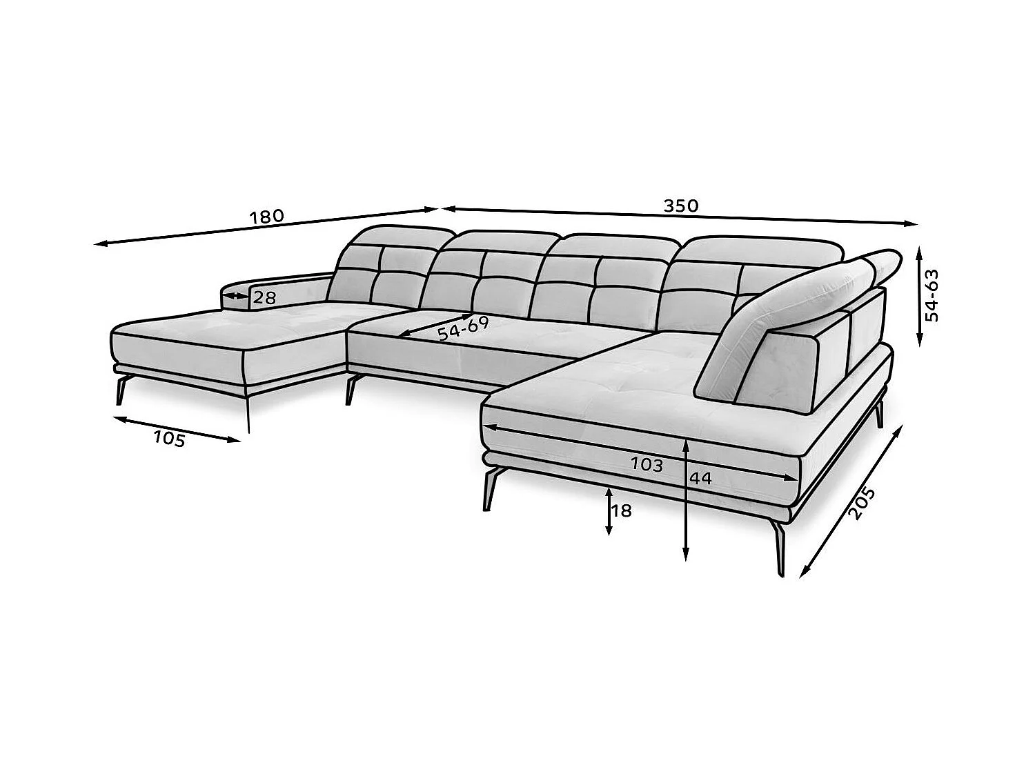 Canapé panoramique moderne tissu bleu nuit têtières angle droit Versus 350cm