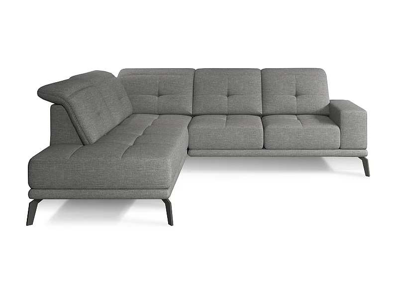Canapé d'angle gauche design matelassé tissu gris clair chiné et pied noir Kazane 275cm