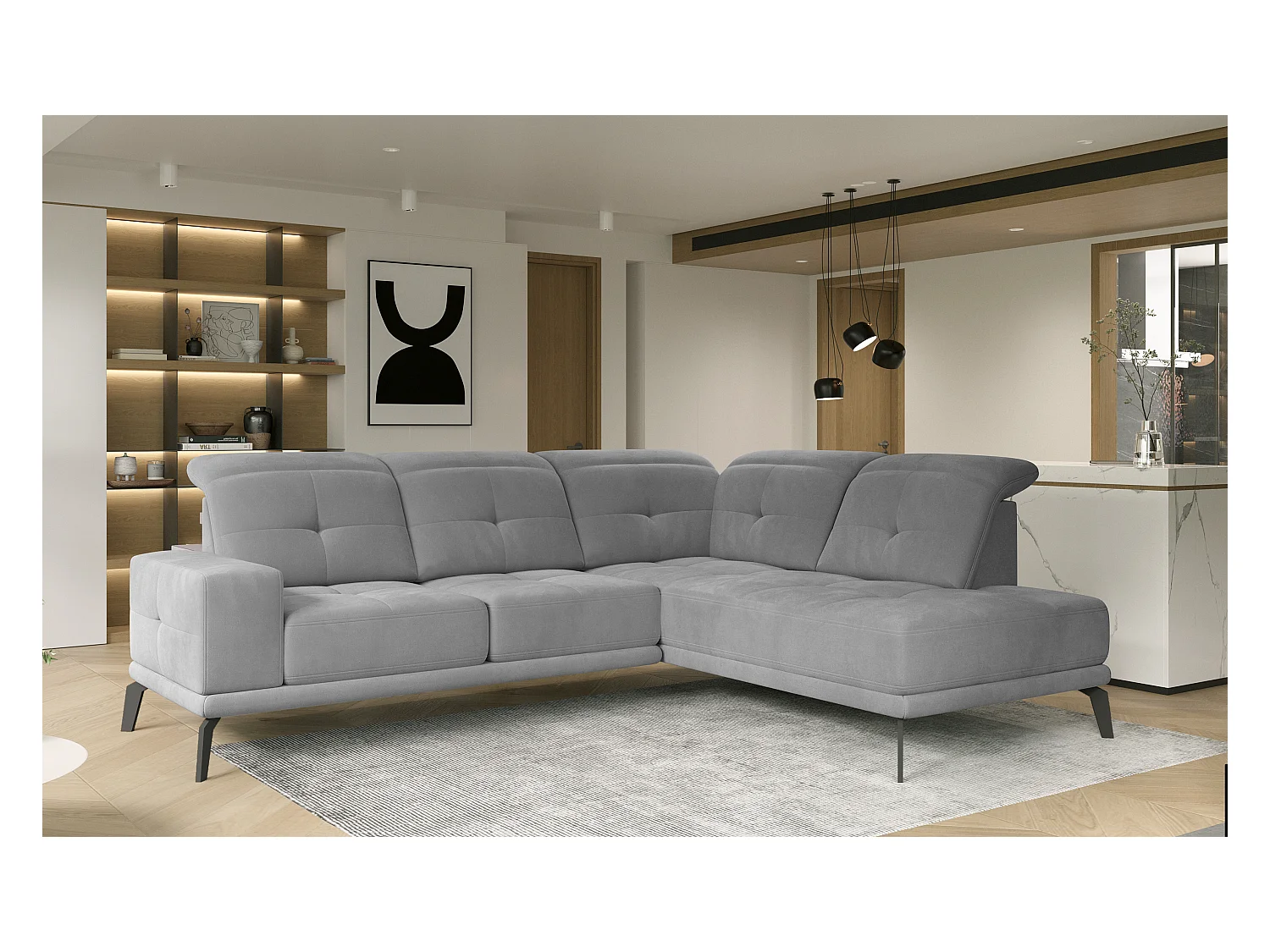 Canapé d'angle gauche design matelassé tissu gris clair chiné et pied noir Kazane 275cm