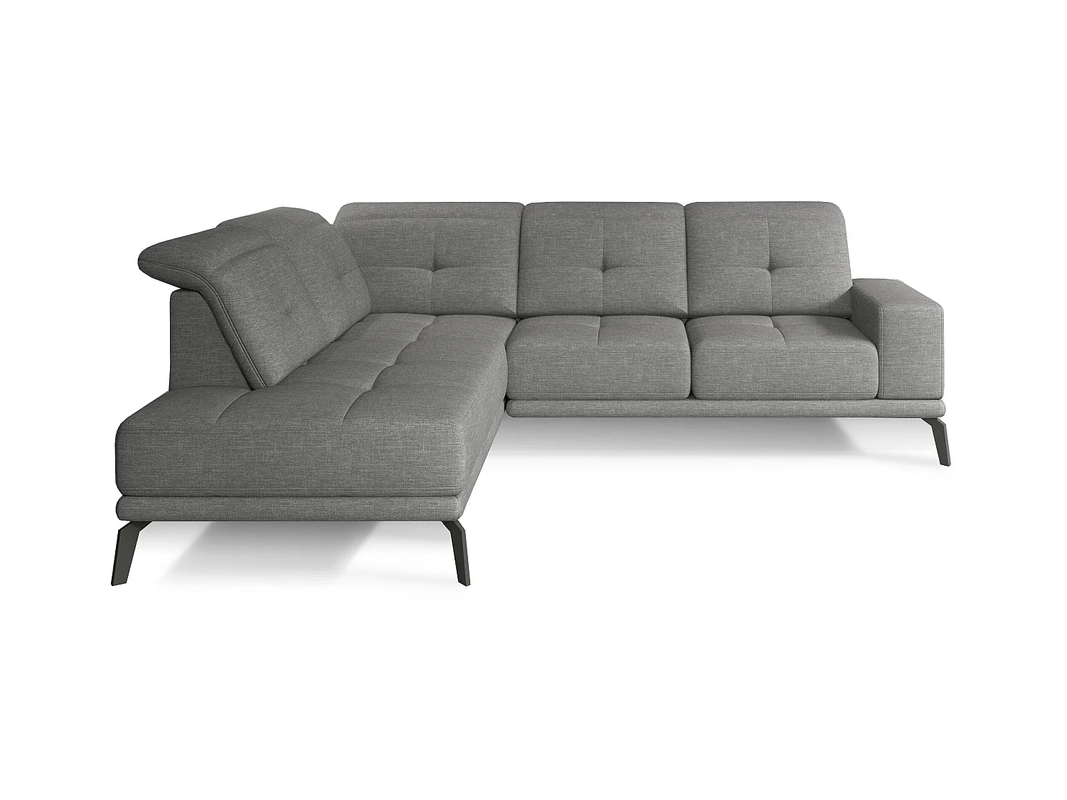 Canapé d'angle gauche design matelassé tissu gris clair chiné et pied noir Kazane 275cm
