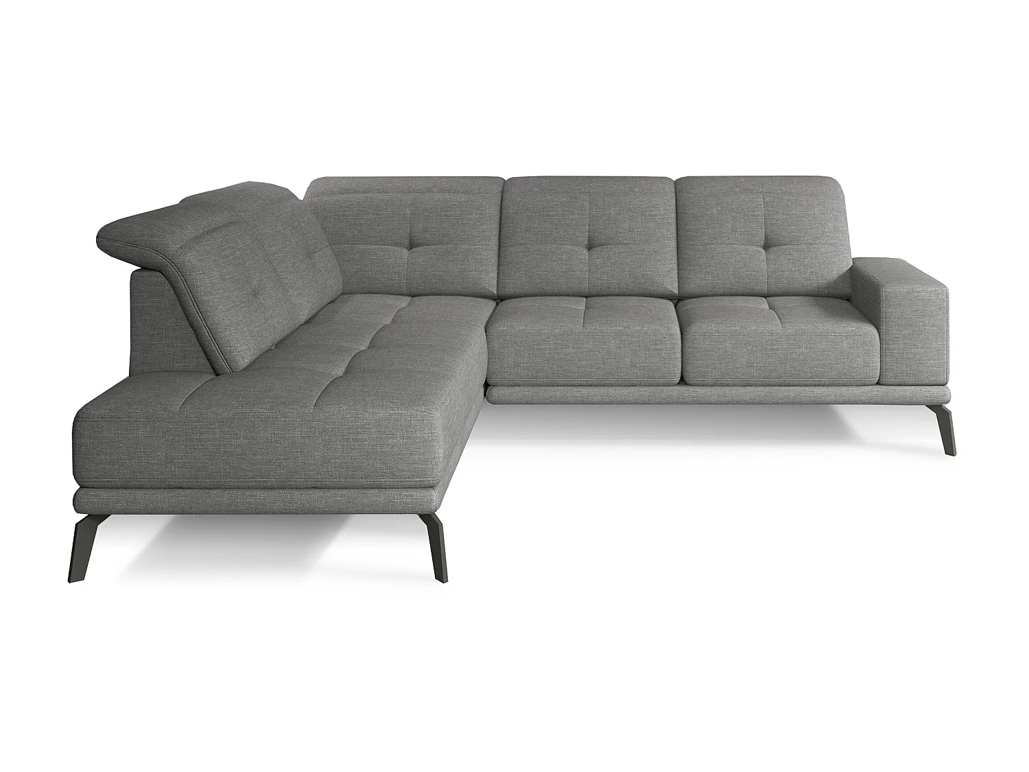 Canapé d'angle gauche design matelassé tissu gris clair chiné et pied noir Kazane 275cm