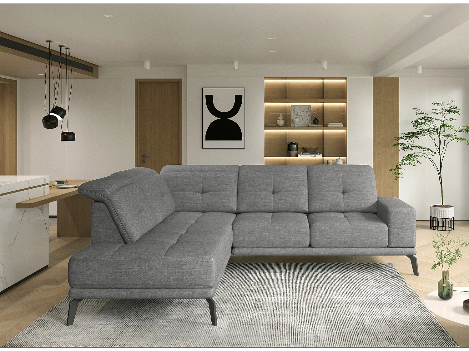 Canapé d'angle gauche design matelassé tissu gris clair chiné et pied noir Kazane 275cm