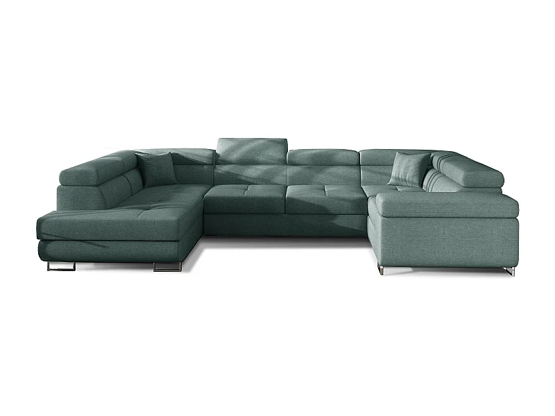 Canapé convertible U gauche tissu vert avec coffre de rangement Tovy 340cm