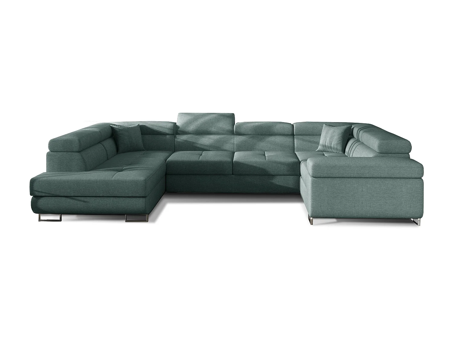 Canapé convertible U gauche tissu vert avec coffre de rangement Tovy 340cm