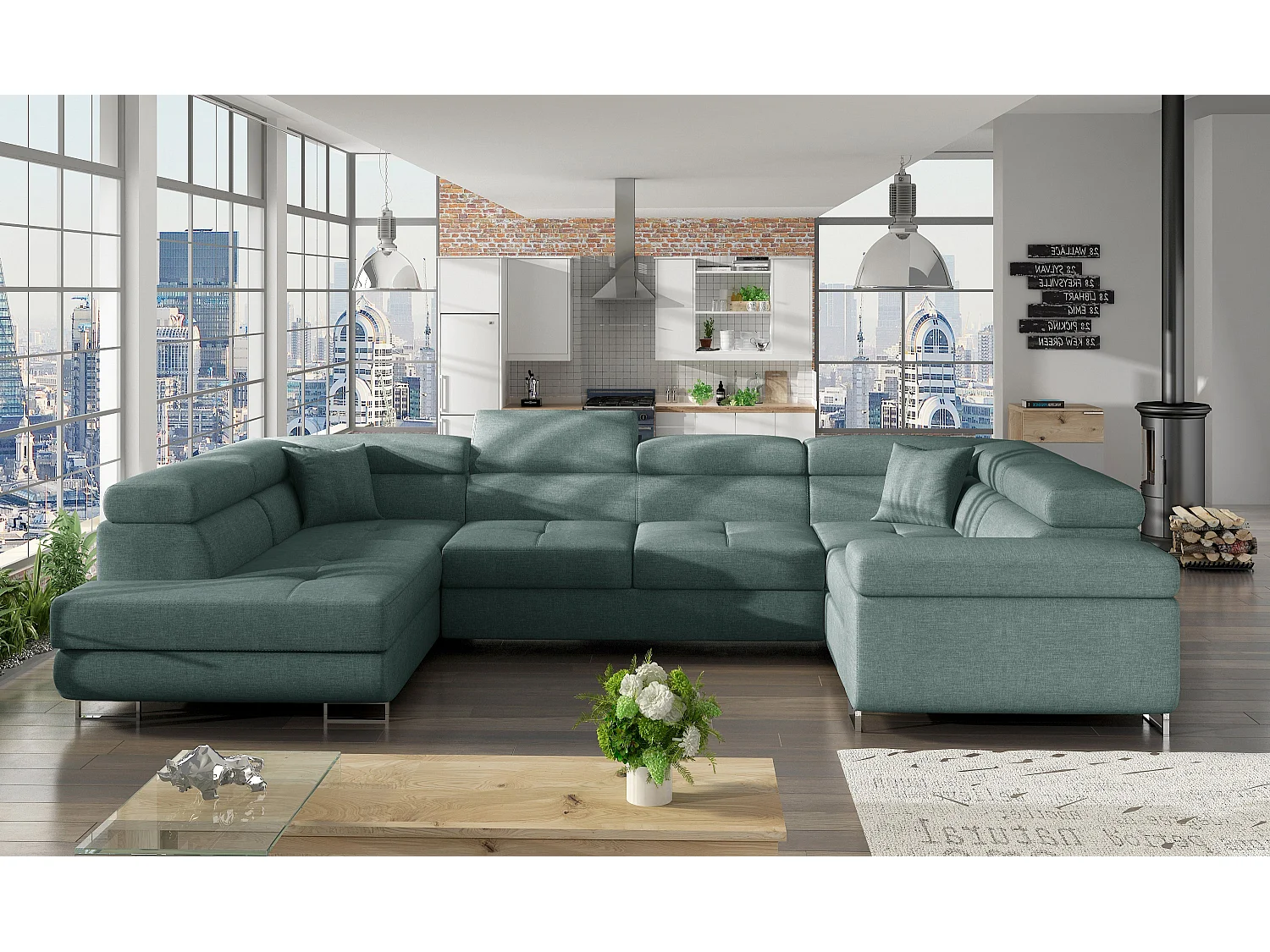 Canapé convertible U gauche tissu vert avec coffre de rangement Tovy 340cm