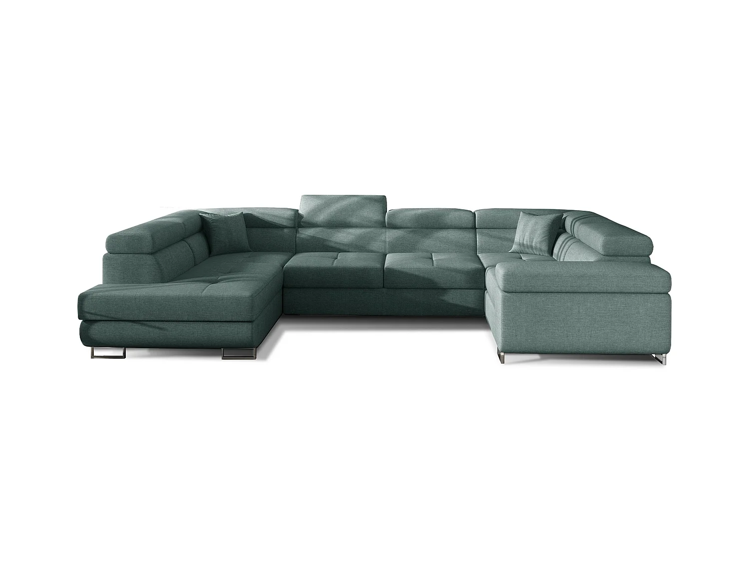 Canapé convertible U gauche tissu vert avec coffre de rangement Tovy 340cm