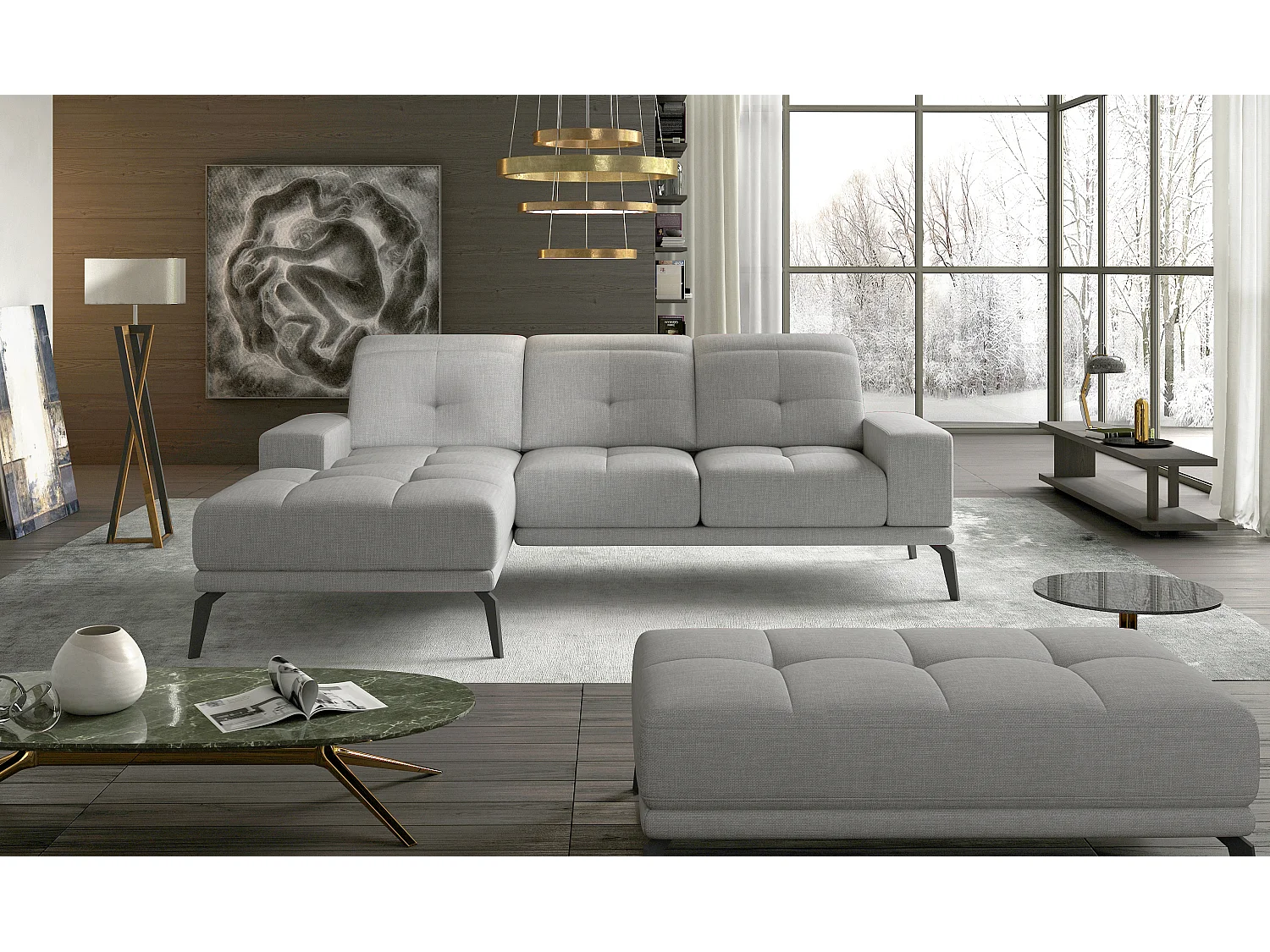 Canapé d'angle gauche 5 places tissu gris souris Torpille 265cm