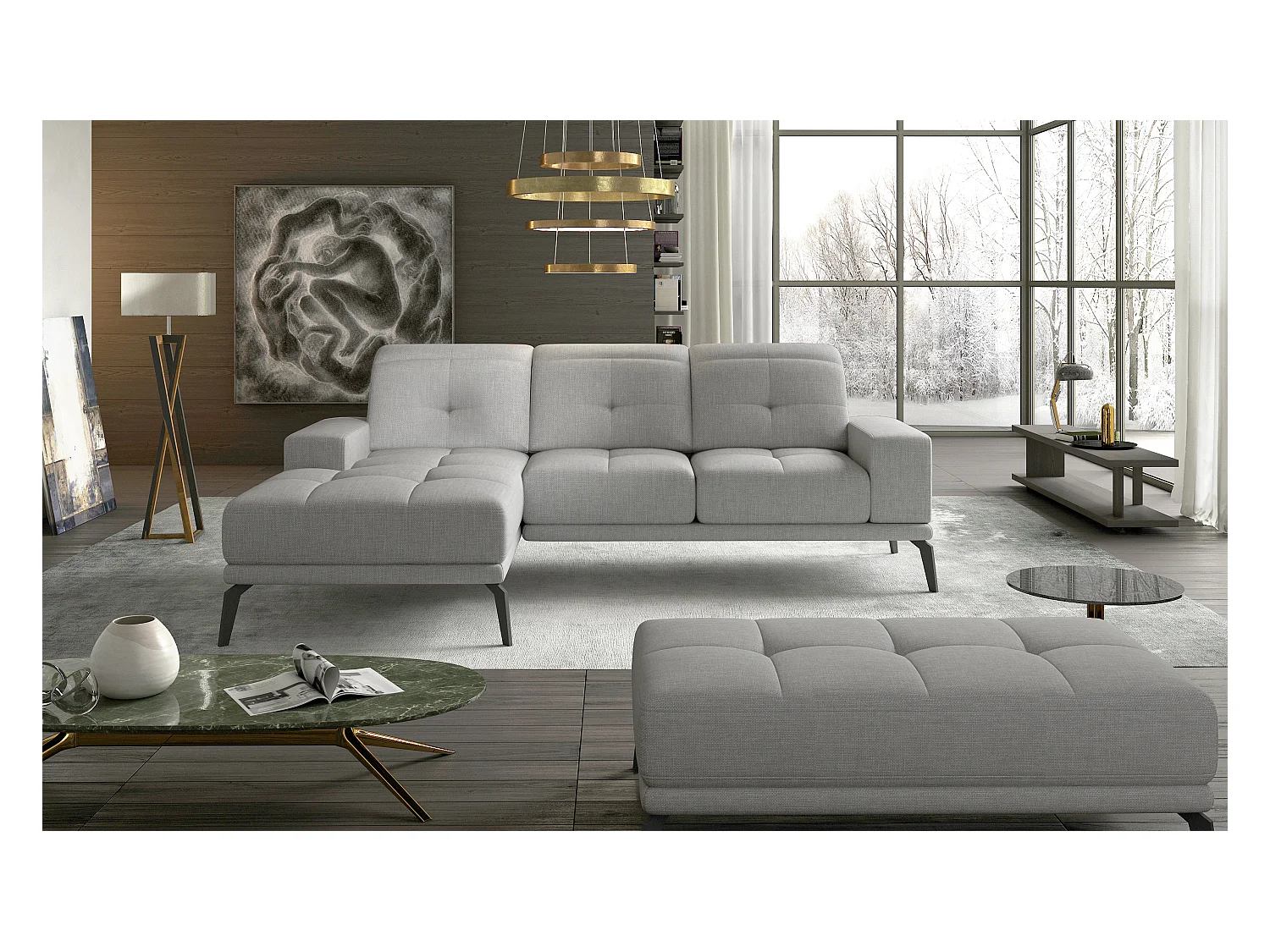 Hoekbank links 5 plaatsen muisgrijs stof Torpille 265 cm