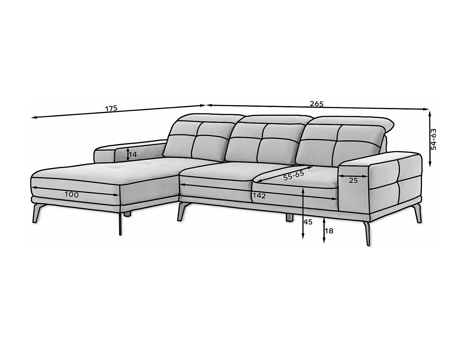 Canapé d'angle gauche 5 places tissu gris souris Torpille 265cm