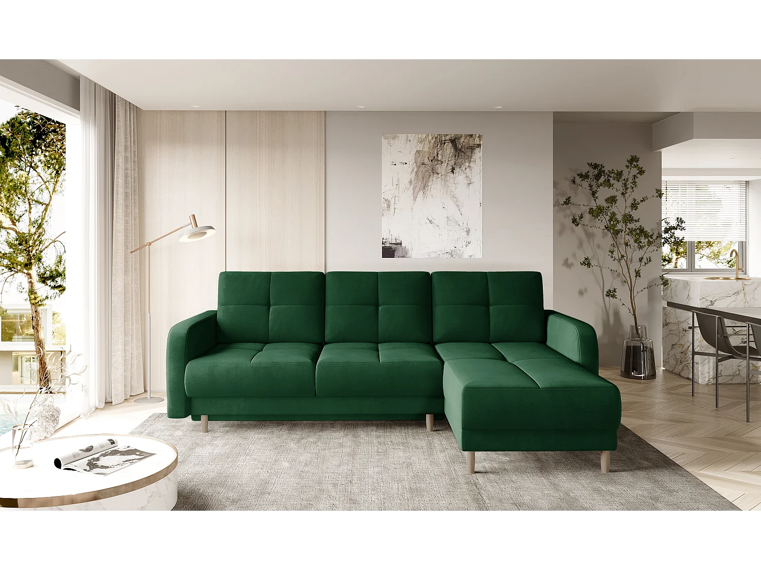 Sofá esquinero convertible y reversible de tela KINDO - Patas de madera clara-Color Verde oscuro