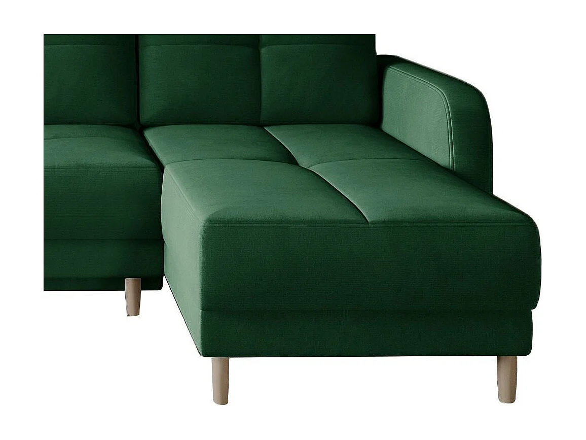 Sofá esquinero convertible y reversible de tela KINDO - Patas de madera clara-Color Verde oscuro