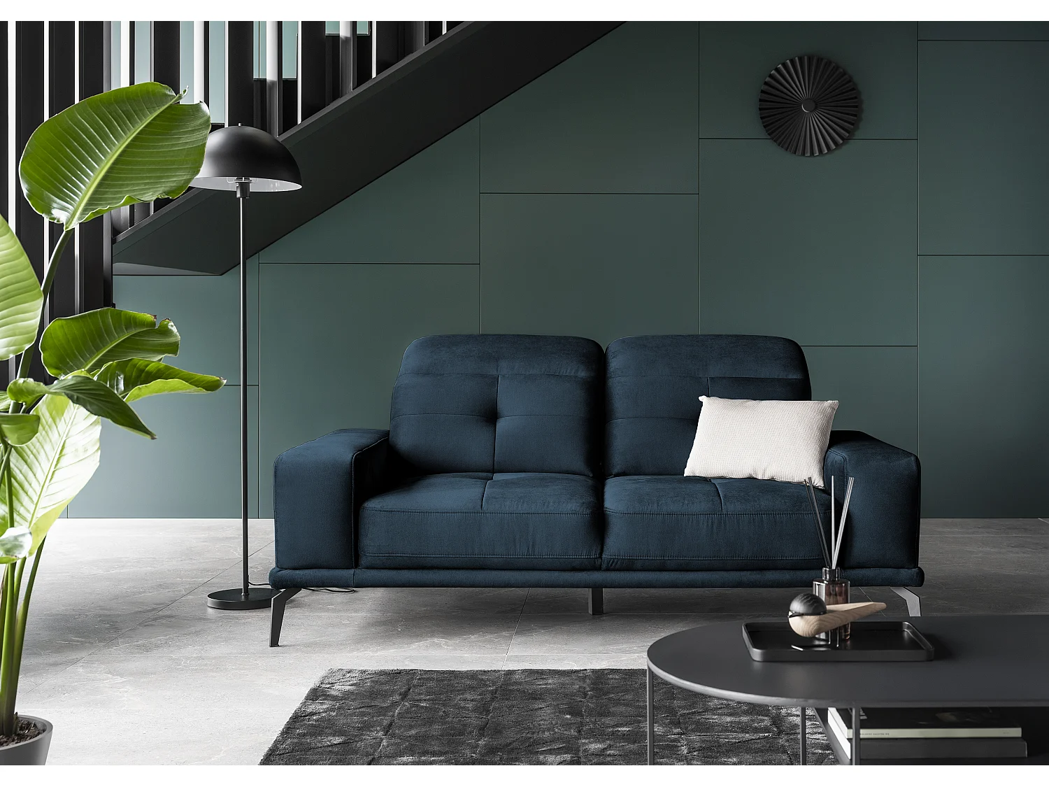 Canapé droit design 2-3 places tissu doux bleu foncé Torpille 195cm