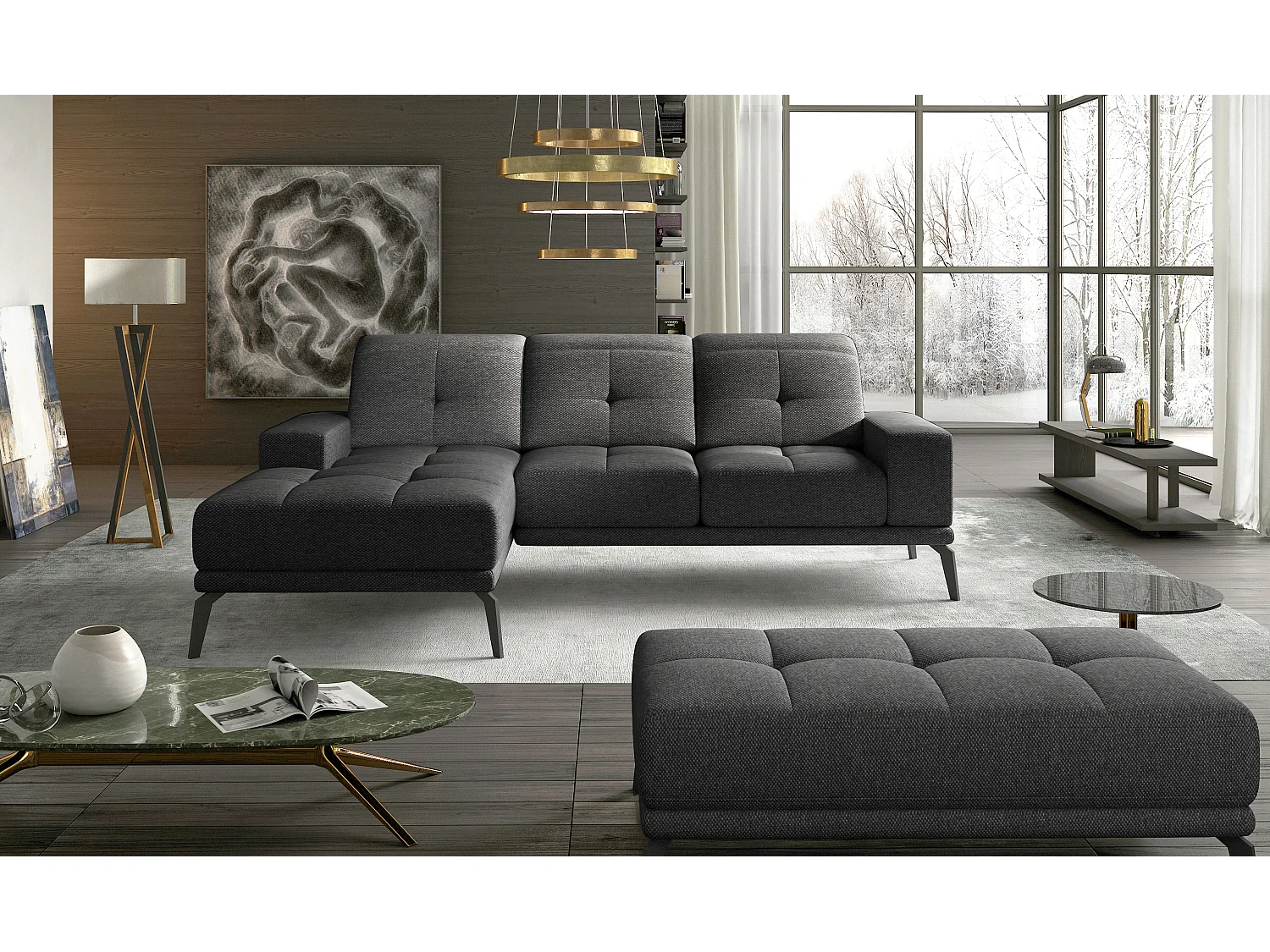 Canapé d'angle gauche 5 places tissu gris anthracite Torpille 265cm