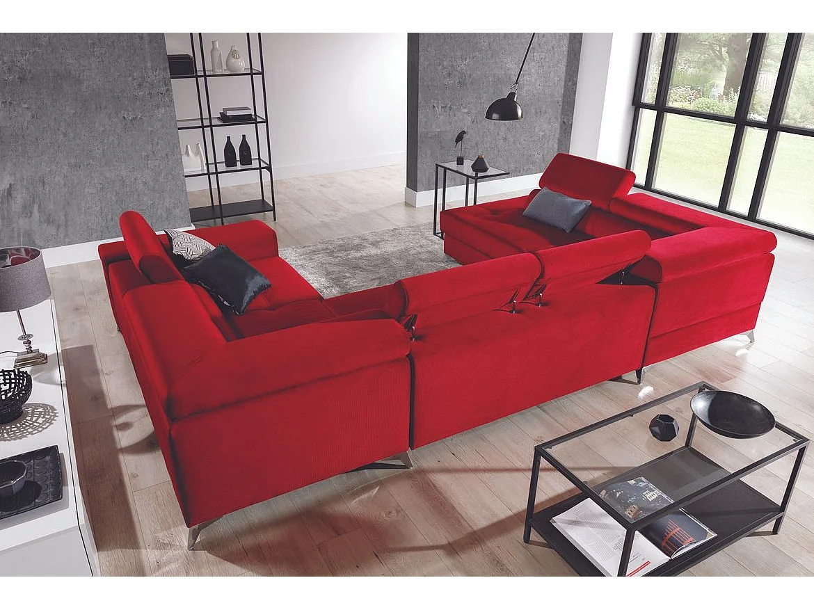 Canapé panoramique convertible velours vert foncé avec coffre de rangement Triano 342cm-Coffre de rangement à gauche