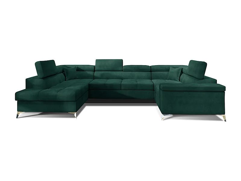 Canapé panoramique convertible velours vert foncé avec coffre de rangement Triano 342cm-Coffre de rangement à gauche