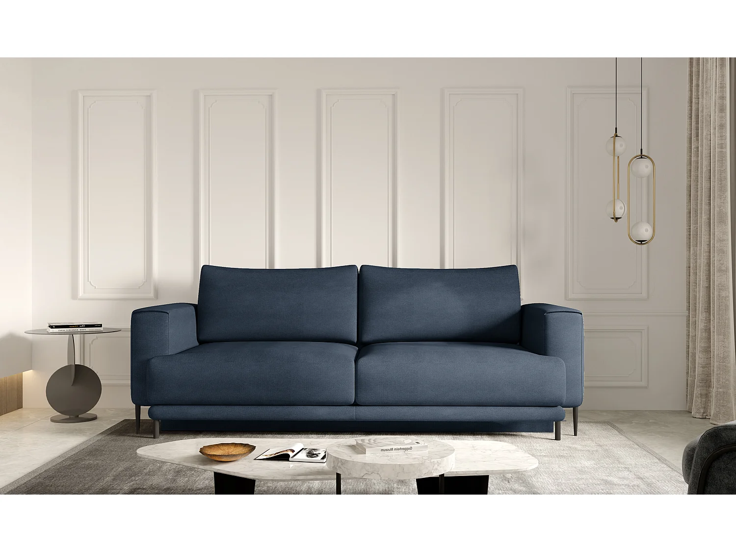 Canapé droit convertible coffre tissu DAVINA - Pieds métal noir-Bleu turquin