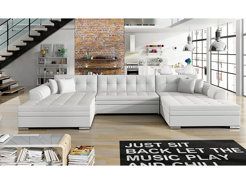 Grand canapé panoramique convertible simili cuir blanc Vira 359cm