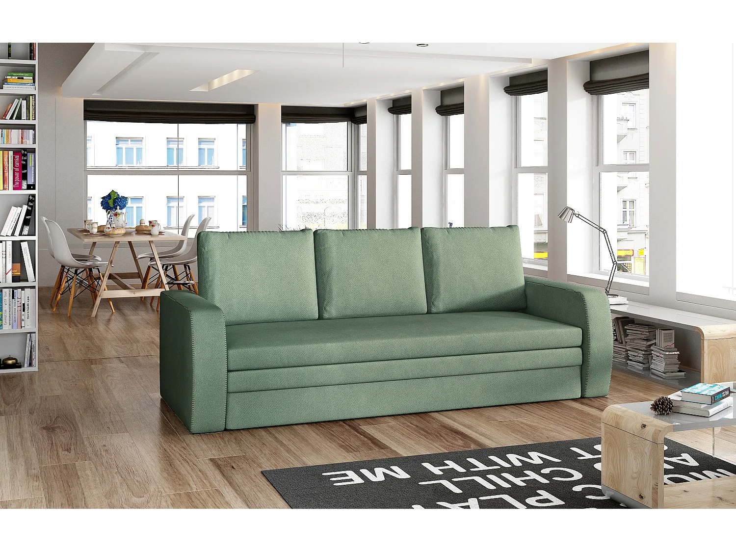 Canapé lit tissu vert avec coffre de rangement Liverna 220cm